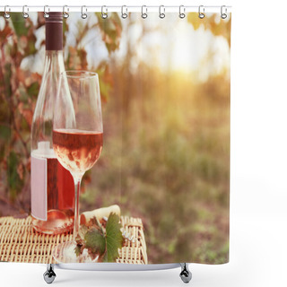 Personality  One Glass And Bottle Of The Rose Wine In Autumn Vineyard Shower Curtains