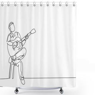 Personality  One Single Line Drawing Of Young Happy Male Guitarist Playing Acoustic Guitar While Sitting On Chair. Modern Musician Artist Performance Concept Continuous Line Draw Design Vector Illustration Graphic Shower Curtains
