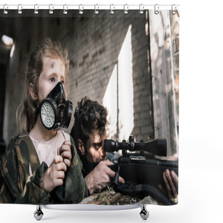 Personality  Selective Focus Of Kid In Gas Mask Near Man With Gun, Post Apocalyptic Concept Shower Curtains