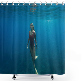 Personality  Underwater Photo Of Young Woman In Swimming Suit And Fins Diving In Ocean Alone Shower Curtains