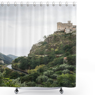 Personality  SAVOCA, ITALY - OCTOBER 3, 2019: Church Of San Nicolo On Hill Near Green Trees Shower Curtains