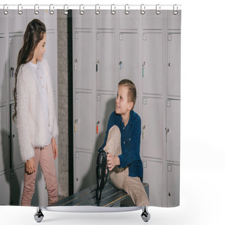 Personality  Indoor Shot Of Kids Putting On Skates In Locker Room Shower Curtains