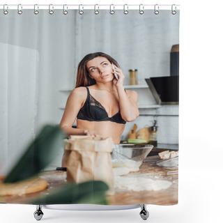 Personality  Woman In Black Lingerie Whipping Eggs With Whisk And Talking On Smartphone In Kitchen Shower Curtains