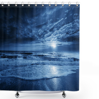 Personality  Midnight Blue Coastal Moonrise With Dramatic Sky And Rolling Waves Shower Curtains