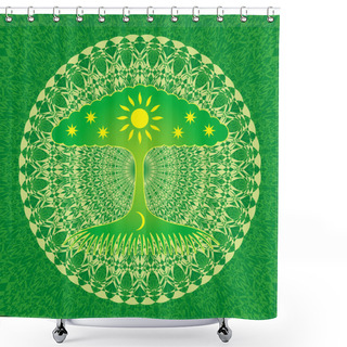 Personality  Openwork Mandala With A Tree Of Life, The Sun, Moon And Stars. Character Drawing, Vector Graphics Art. Shower Curtains