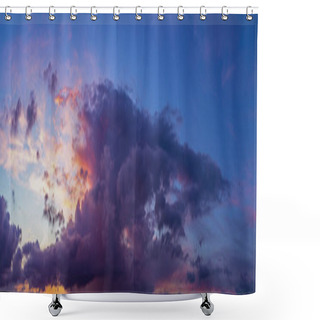 Personality  Wide Panorama With Vibrant Blue Sky And Dramatic Sunset Contrasting Colors Of Yellow, Red And Orange Touching The Cumulus Cloud. Shower Curtains
