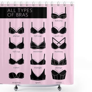 Personality  Bra Icons Set. Different Types Of Bras. All Types Of Bras. Vector. Shower Curtains