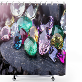 Personality  Gemstones Collection Jewelry Set Photo With Black Stone And Dark Lighting. Shower Curtains