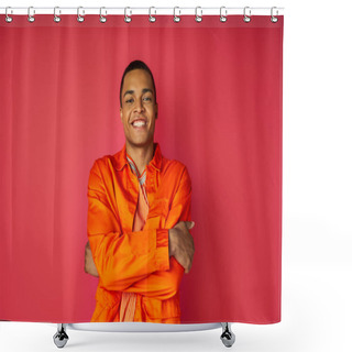 Personality  Happy African American Man In Orange Shirt, With Folded Hands, Looking At Camera On Red Shower Curtains