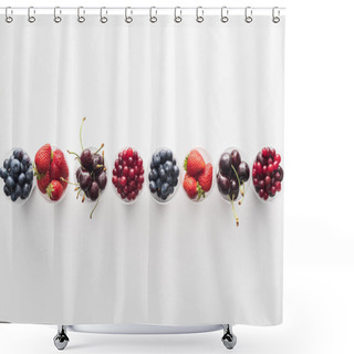 Personality  Flat Lay With Whole Cranberries, Strawberries, Blueberries And Cherries In Plastic Cups  Shower Curtains
