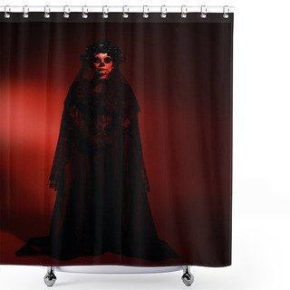 Personality  Full Length Of Woman In Mexican Santa Muerte Costume Looking At Camera On Burgundy Background With Red Lighting  Shower Curtains