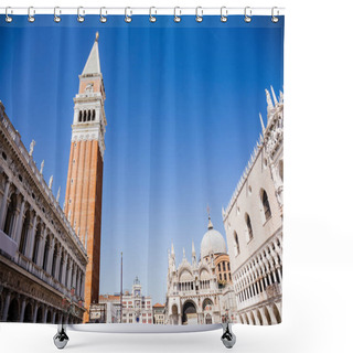 Personality  Low Angle View Of Saint Mark Bell Tower And Cathedral Basilica Of Saint Mark In Venice, Italy  Shower Curtains