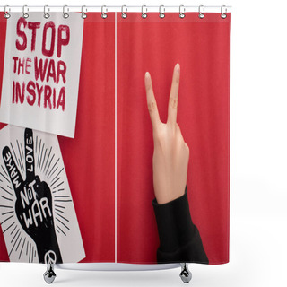 Personality  Collage Of Woman Showing Peace Sign Near Drawings With Make Love Not War And And Stop War In Syria Lettering On Red Background Shower Curtains