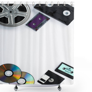 Personality  Top View Of CD Discs, Cassettes, VHS Cassette, Diskette And Film Reel On White Background Shower Curtains