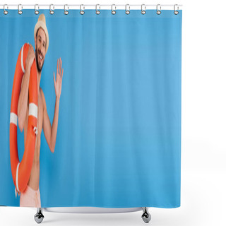 Personality  Shirtless Man With Life Buoy Waving Hand Isolated On Blue, Banner  Shower Curtains