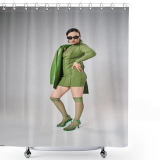 Personality  Full Length Photo Of Pretty Woman In Total Green Trendy Look And Black Sunglasses On Grey Background Shower Curtains