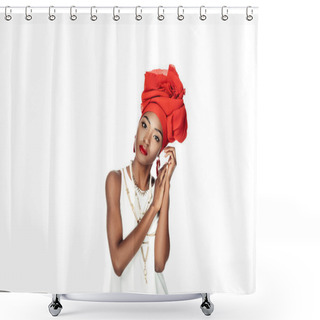 Personality  Stylish African American Woman In Wire Head Wrap Isolated On White Shower Curtains
