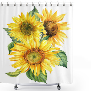 Personality  Composition Of Watercolor Sunflowers On Isolated White Background, Hand Drawing Shower Curtains