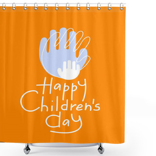 Personality  Illustration Of Abstract Adult And Child Hand Prints Near Happy Children Day Lettering On Orange Shower Curtains