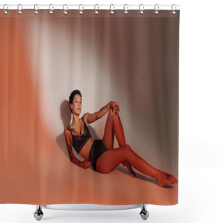 Personality  Full Length Of Passionate Woman In Black Underwear On Pale Red Background With Shadow Shower Curtains
