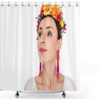 Personality  Brunette Young Woman In National Ukrainian Embroidered Shirt And Floral Wreath Looking Away Isolated On White Shower Curtains
