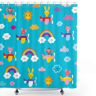 Personality  Cute Baby Animals In Airplanes Seamless Pattern Shower Curtains