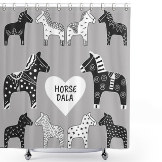 Personality  Dala Horses Gray Tones Set. Ink Hand Drawn Sketch Of Traditional Swedish Dalarna Horse Minimalistic Abstract Scandinavian Style For Cards, Prints, Textile Design Vector Illustration Shower Curtains