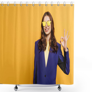 Personality  Happy, Stylish Girl In Yellow Glasses Showing Okay Gesture Isolated On Yellow Shower Curtains