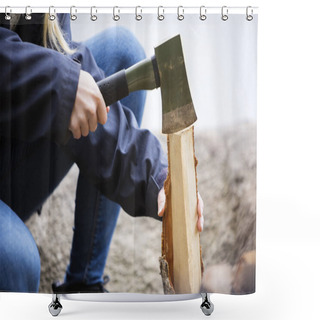 Personality  Woman Cutting Wood For Bonfire On Campsite Shower Curtains