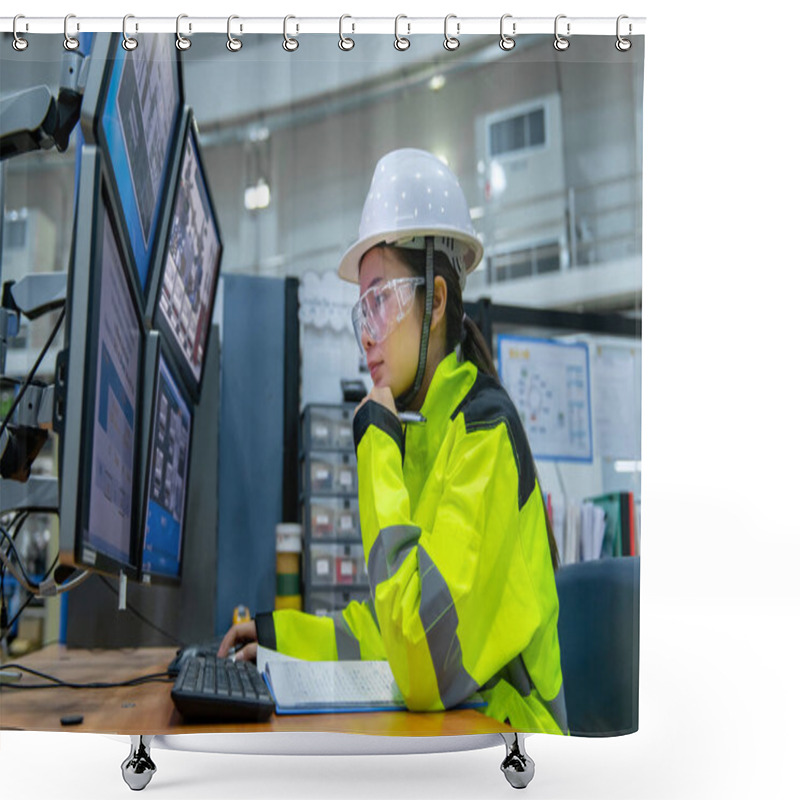 Personality  Inside The Large Industry Factory, Female Computer Engineer Working On Personal Computer  Shower Curtains