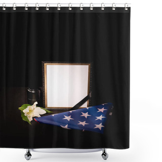 Personality  Lily, Mirror, Ashes And American Flag On Black Background, Funeral Concept Shower Curtains