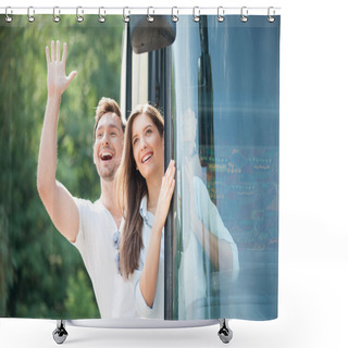 Personality  Cheerful Loving Couple Is Making Fun In Transport Shower Curtains