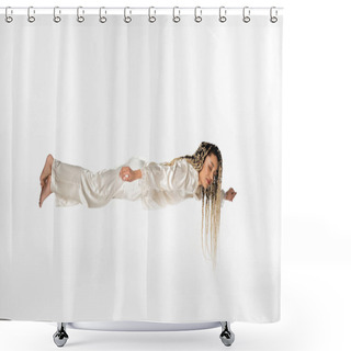 Personality  African American Woman In Silk Pajamas Flying In Sleep Isolated On White Shower Curtains