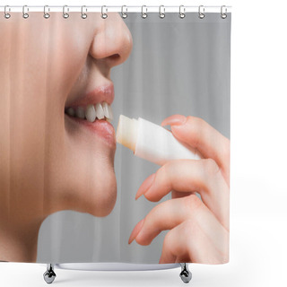 Personality  Cropped View Of Cheerful Girl Holding Lip Balm Near Lips Isolated On Grey  Shower Curtains