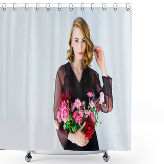 Personality  Beautiful Elegant Woman Holding Tender Flowers And Looking At Camera Isolated On Grey Shower Curtains