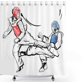 Personality  Tae-Kwon Do. An Full Sized Hand Drawn Illustration On White Shower Curtains