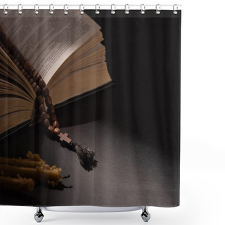 Personality  Holy Bible With Rosary On Black Dark Background With Candles Shower Curtains