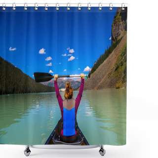 Personality  Canoeing On Lake Louise. Lake Louise Is The Second Most-visited Destination In The Banff National Park.  Shower Curtains