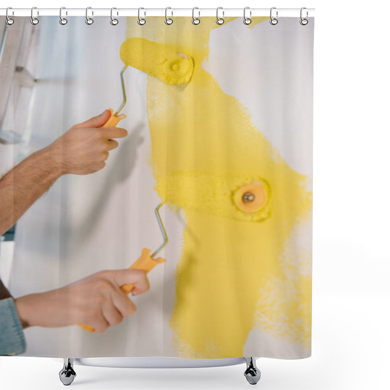 Personality  Partial View Of Man And Woman Painting Wall In Yellow With Paint Rollers Shower Curtains