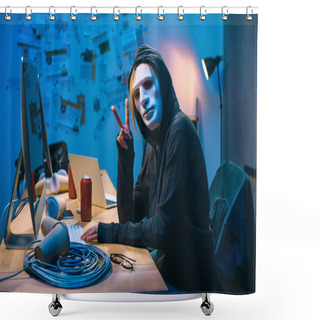 Personality  Female Hacker In Mask Showing V Sign At Workplace Shower Curtains