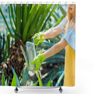 Personality  Cropped Shot Of Young Woman In Rubber Gloves Watering Plants In Greenhouse Shower Curtains