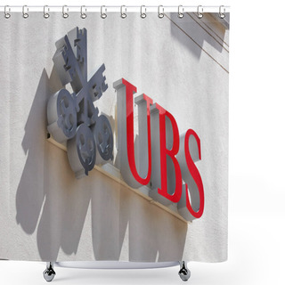 Personality  SANKT MORITZ, SWITZERLAND - AUGUST 16, 2018: UBS Swiss Bank Sign In A Sunny Day In Sankt Moritz, Switzerland Shower Curtains
