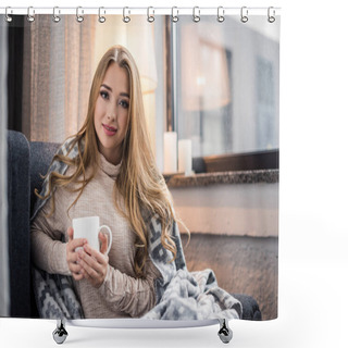 Personality  Smiling Young Woman In Warm Plaid With Hot Drink Shower Curtains