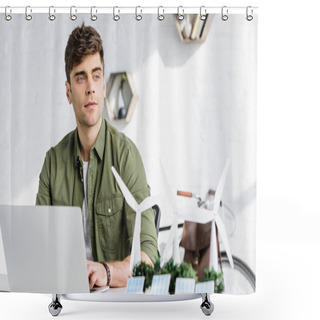 Personality  Selective Focus Of Handsome Architect At Table With Laptop, Solar Panels Models, Windmills And Trees Models In Office Shower Curtains