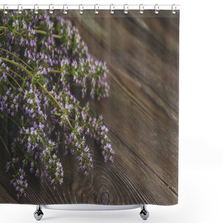 Personality  Bunches Of Medicinal Herbs With Purple And Blue Flowers Copy Space. Thyme And Hyssop Flowers On A Wooden Table. Shower Curtains