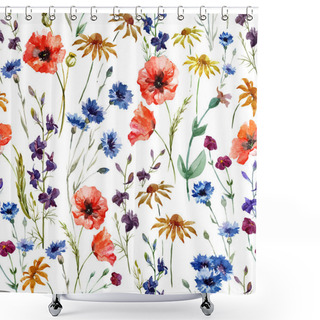 Personality  Watercolor Poppy, Cornflower, Daisy Wild Flowers Background Shower Curtains