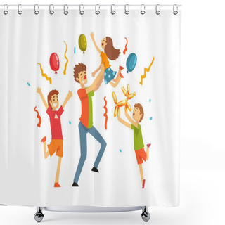 Personality  Cute Kids Celebrating Party, Happy Children Having Fun With Clown At Birthday, Carnival Party Or Circus Performance Vector Illustration Shower Curtains