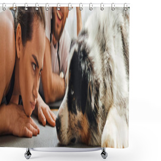 Personality  Displeased Woman Looking At Border Collie Near Smiling Boyfriend On Fitness Mat At Home,banner Shower Curtains