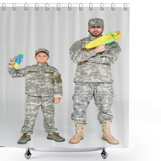 Personality  Father And Son In Military Uniforms With Toy Water Guns On Grey Background Shower Curtains