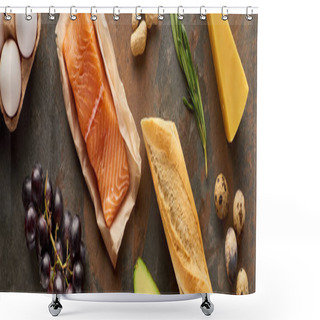 Personality  Panoramic Shot Of Raw Salmon With Eggs, Cheese, Grape, Baguette And Rosemary Twig On Marble Surface Shower Curtains